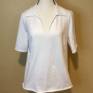 Raquel Allegra 100% Cotton White Short Sleeve Top, Size 2 (Large, US Size 8-10)